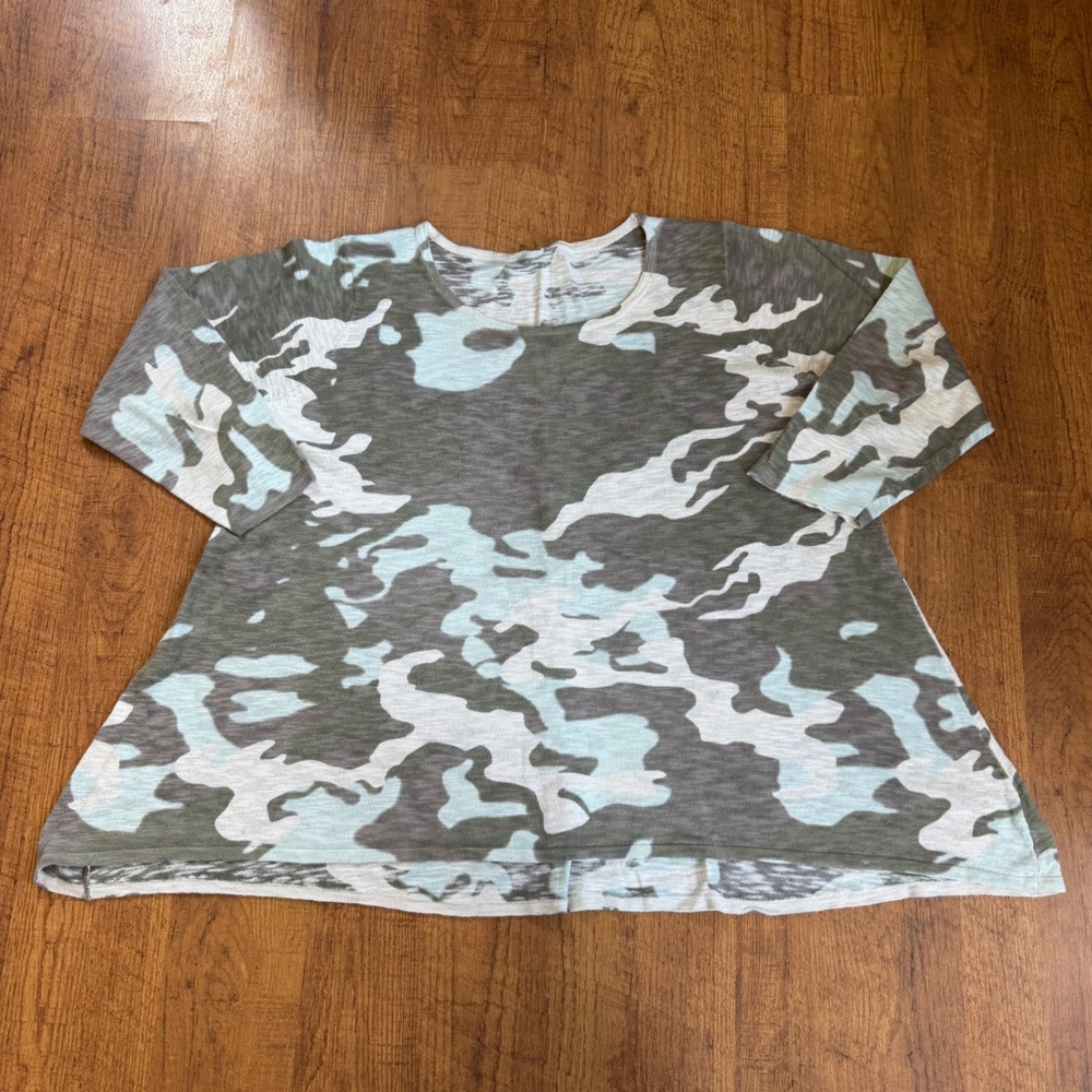 Softies Camo Tunic Top Womens XL Green Blue Slub Knit 3/4 Sleeve Casual Modern